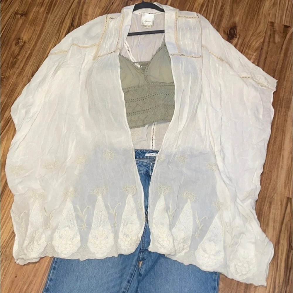 Anthropologie Elevenses women’s large XL cardigan duster cream embroidery boho